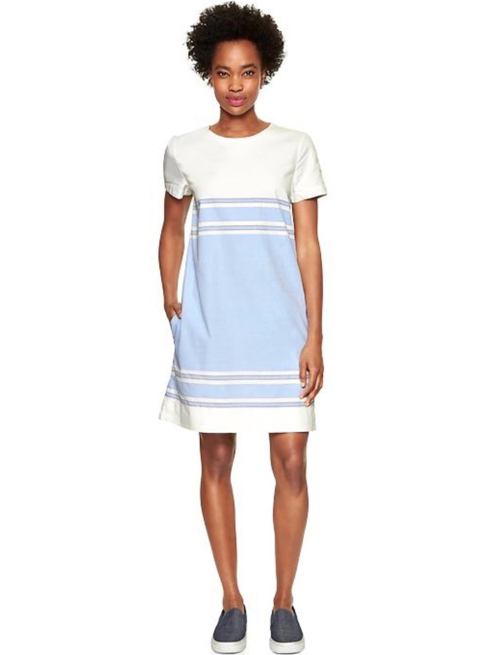 GAP Striped Cotton Shift Dress White Blue Size Large L Short Sleeve Pockets New